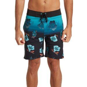Burnside Mens Blue Tropical Pockets Long Board Shorts Swimwear Sz 32 New